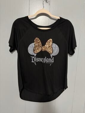 NEW Disney Parks Disneyland Black Minnie Bow Ears Sequin Glitter T-shirt S